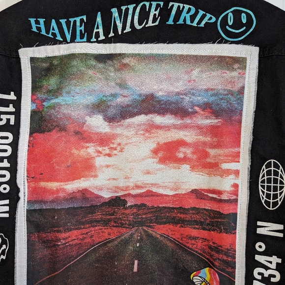 Brooklyn Cloth | "Have a Nice Trip" Patch Work Black Denim Jacket Men's Size M - Picture 5 of 5